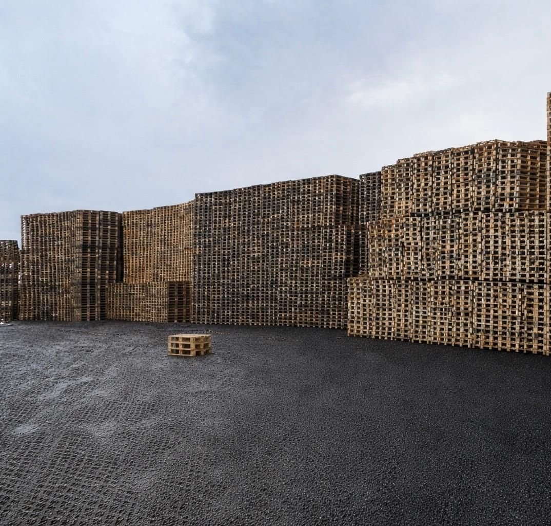 Wall of wooden pallets at DirectPAL — storage capacity