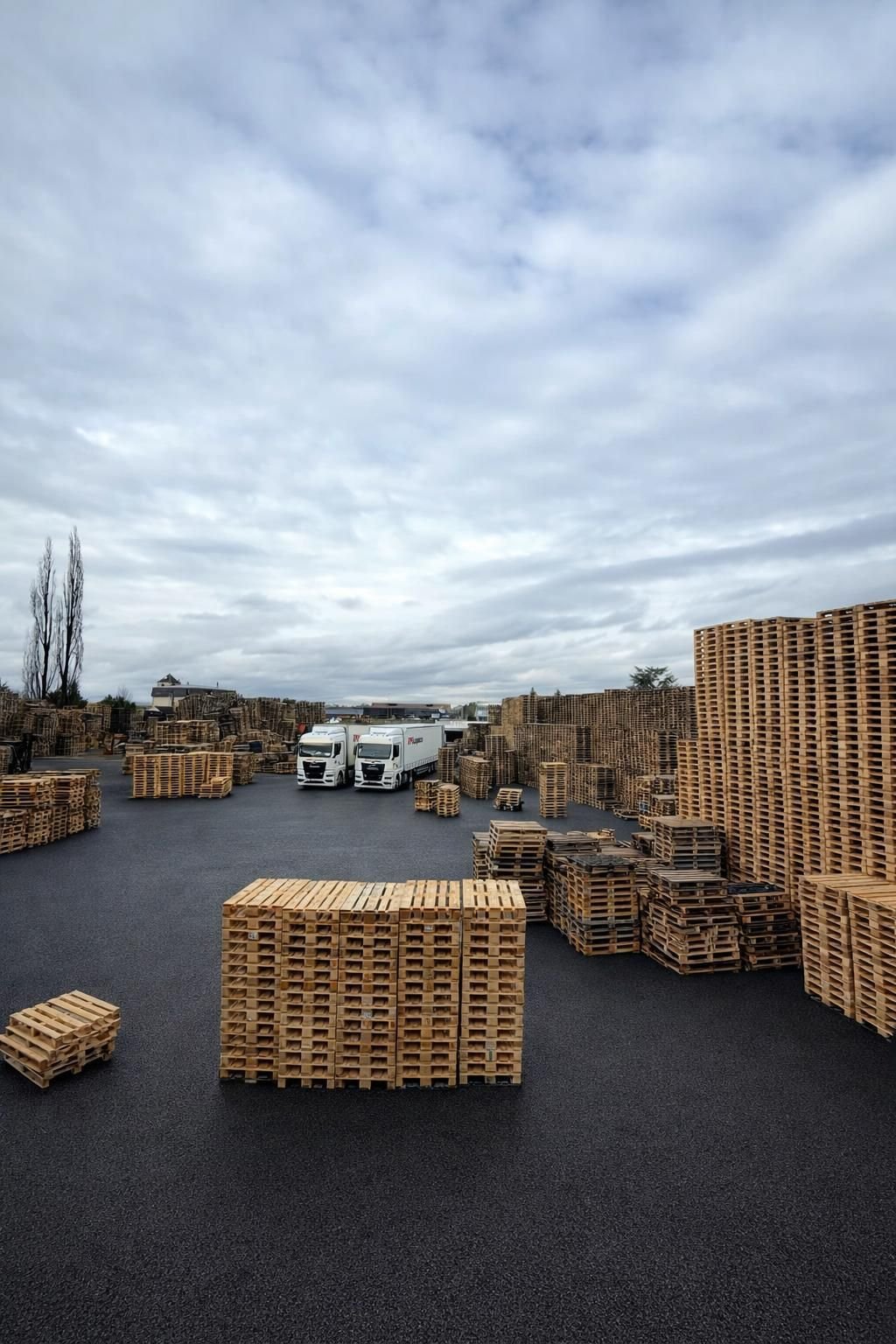 Aerial view of the DirectPAL yard with pallet stock and trucks